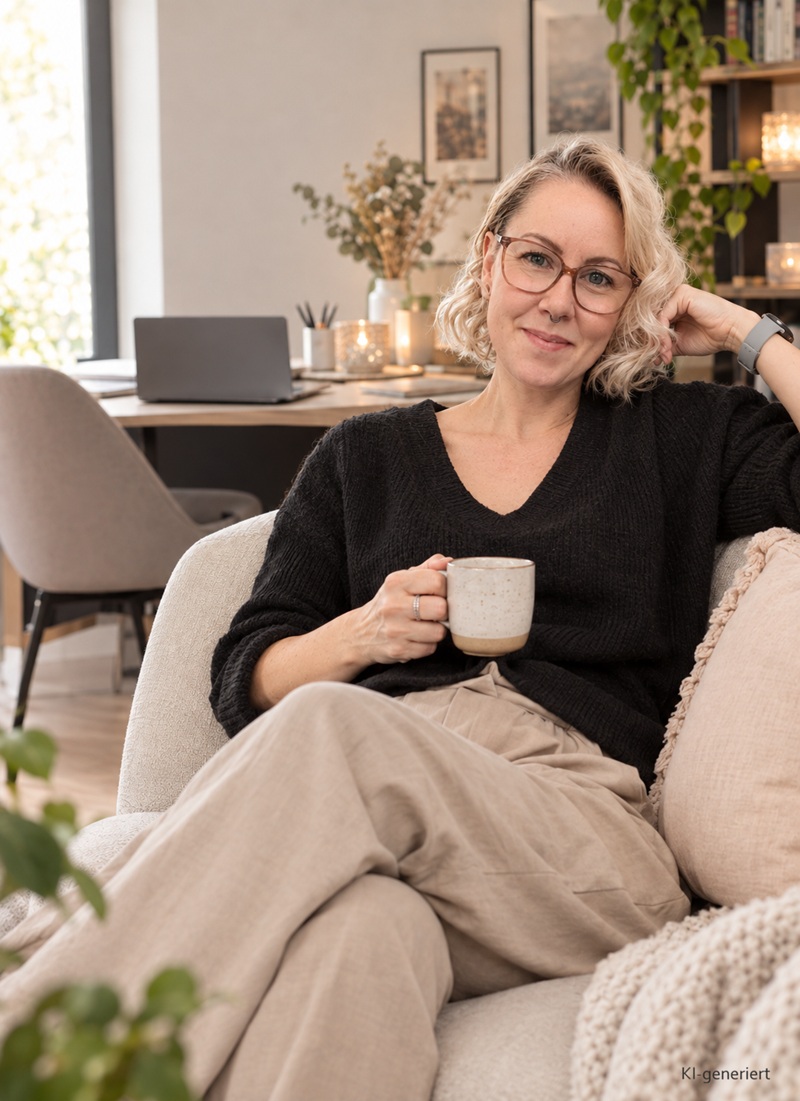 Andrea Erhart, Marketing-Mentorin, sitzt mit einer Tasse auf dem Sofa
